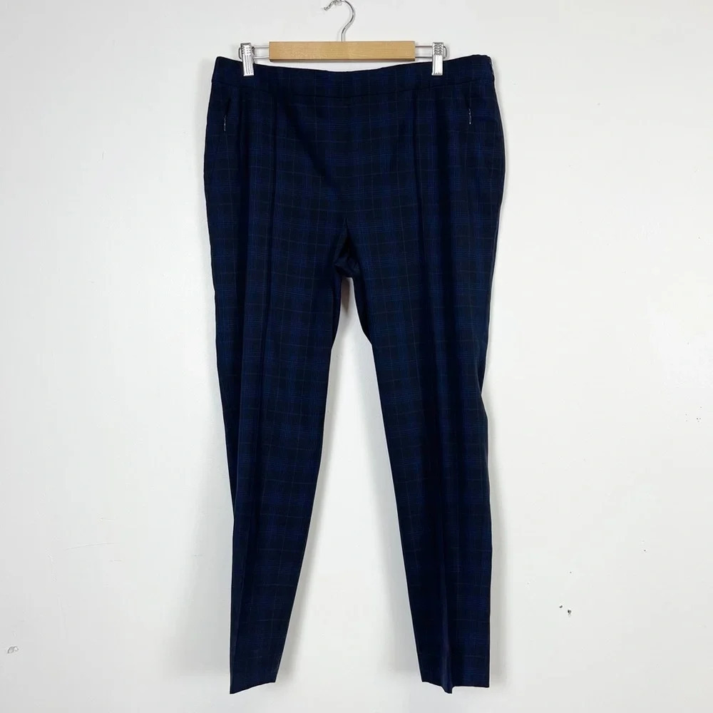Carlisle New York Pants Womens 12 Black Navy Blue Plaid Wool Blend Side Zip